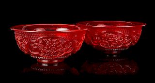 * A Pair of Transparent Ruby-Red Peking Glass Bowls Diameter 8 inches.