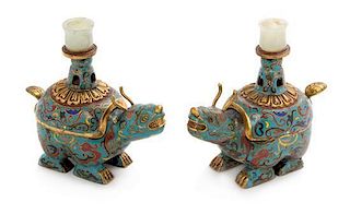 A Pair of Cloisonne Enamel Mythical Beast-Form Candle Holders Length of each 6 1/2 inches.