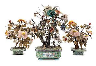 * Three Jade and Hardstone Peony Tree Height of highest 24 1/2 inches.