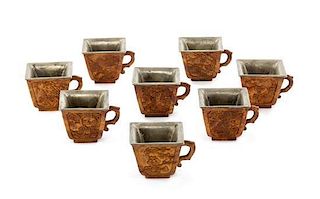 A Set of Eight Silver Inset Wood Wine Cups Height 1 3/4 inches.