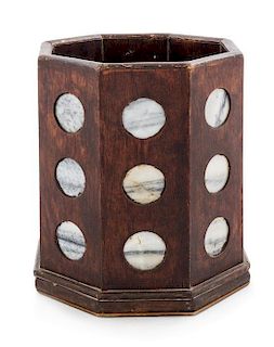 A Large Marble Inset Hardwood Brushpot Height 11 3/4 inches.