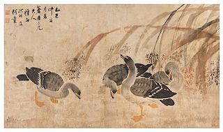 An Ink and Color Painting on Paper, 19TH CENTURY, Geese and Millets