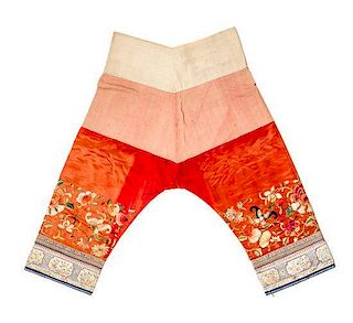 A Pair of Chinese Embroidered Silk Trousers Length 40 inches.