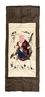 A Chinese Embroidered Silk Panel 57 x 29 1/2 inches.