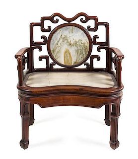* A Chinese Export Dream Stone and Marble Inset Hardwood Armchair Width 37 1/2 inches.