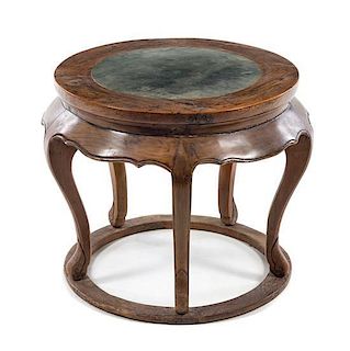 * A Chinese Marble Inset Elmwood Side Table Height 22 x diameter 26 inches.