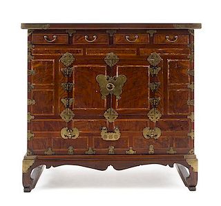 A Korean Brass Mounted Hardwood Chest Height 35 1/2 x length 37 7/8 x depth 18 inches.
