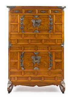 A Korean Metal Mounted Hardwood Two-Section Cabinet Height 60 x length 37 x depth 18 inches.