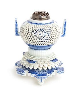A Blue and White Porcelain Reticulated Incense Burner, Hirado Height 6 1/2 inches.
