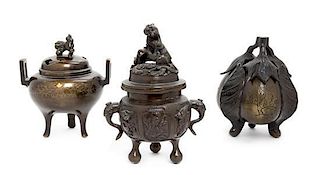 Three Bronze Incense Burners Height of largest 6 1/4 inches.