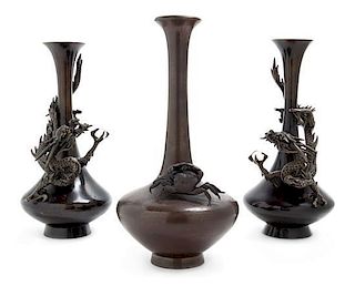 Three Bronze Vases Height 10 1/2 inches.