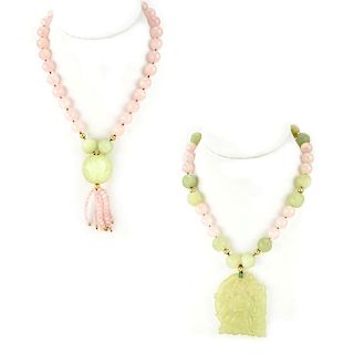 Two (2) Vintage Carved Jade and Rose Quartz Beaded Necklaces