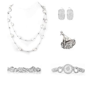 Five (5) Pieces Sterling Silver CZ and Faux Pearl Costume Fashion Jewelry