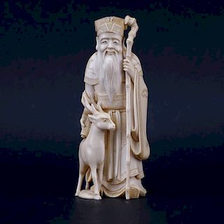 Antique Chinese Carved Ivory Figure Of A Wiseman With Deer