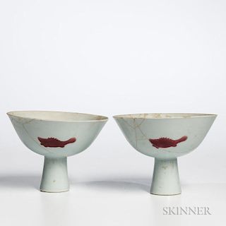 Pair of Ming-style Copper Red "Three Fish" Stem Bowls
