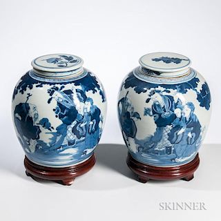 Near Pair of Blue and White Covered Ginger Jars