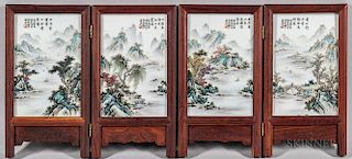 Folding Table Screen with Four Enameled Porcelain Plaques