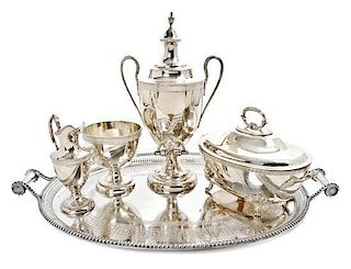 An American Silver Three-Piece Tea Set Bailey & Co., Philadelphia, PA, Mid-19th Century, Length of tray over handles 30 inches,