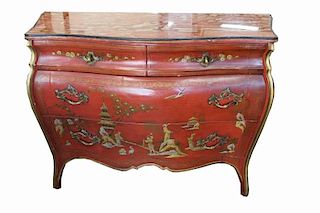 Louis XV Style Red Lacquered & Chinoiserie Commode