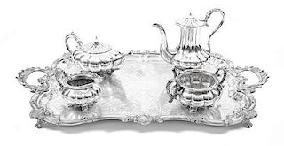 A Sheffield-Plate Four-Piece Tea and Coffee Set and Associated Tray, Late 19th Century, Length of tray over handles 32 inches.