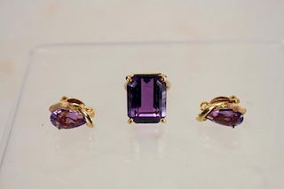 Gold Tone/Amythest Stone Ring w/ Matching Earrings