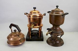 (2) Manning Bowman Samovars, (1) Copper Teapot