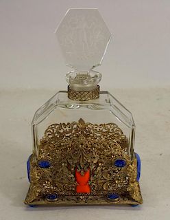 Lalique Style, Perfume Bottle in Gilded Case