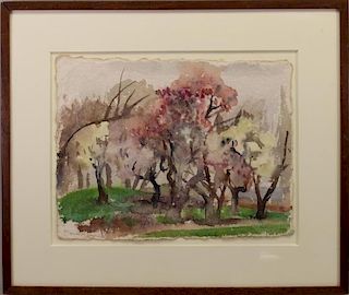 Signed Watercolor of a Wooded Landscape