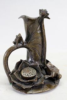 Japanese Lotus & Frog Bronze Sculpture