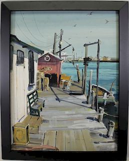 Signed, American School Painting of Boat Dock