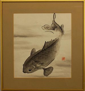 Chinese School Ink Drawing of Koi Fish