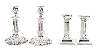 Two Pairs of Sheffield-Plate Candlesticks, Late 19th-Early 20th Century, Height of first 8 inches.