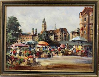 Signed 20th C. European Painting of Flower Market