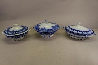 (3) Flow Blue Covered Vegetable Dishes