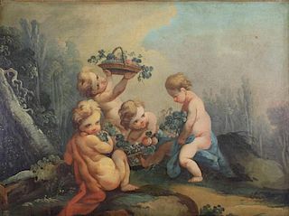 19th C. Painting of Cherubic Figures in Landscape