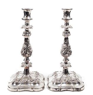 A Pair of Sheffield-Plate Candlesticks, Ellis Barker Silver Co., Birmingham, Early 20th Century, Height 12 7/8 inches.