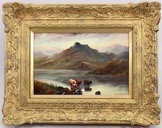 Signed, English School Cows in a Highland Scene
