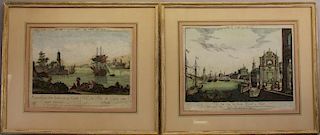 Antique Colored Engraving of Italian Harbor Views