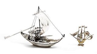Two Diminutive Silvered Figures of Boats, Height of tallest 7 7/8 x length 13 1/2 inches.