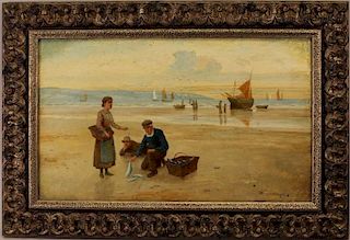 19th C. English Coastal Scene with Figures, Signed