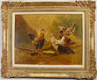 French, 19th C. Painting of Chickens Feeding