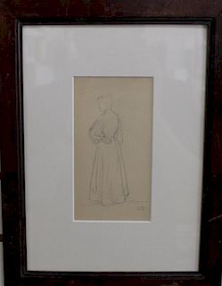 French School, Pencil Sketch of Woman. Signed