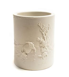 A White Biscuit Porcelain Brushpot, After Chen Guozhi, Height 5 3/4 inches.