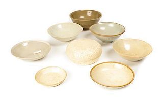 A Collection of Monochromatic Glazed Ceramic Serving Dishes, Diameter of largest 7 1/8 inches.