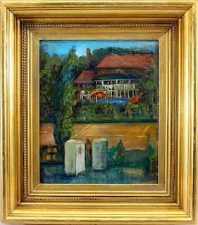 20th C Painting of an Estate in a Spring Landscape