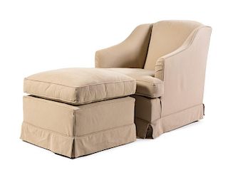 A Canvas Upholstered Club Chair and Ottoman Height of chair 33 x width 28 3/8 x depth 36 inches.