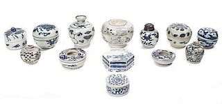 A Collection of Thirteen Blue and White Asian Porcelain Vessels, Height of tallest 4 inches.