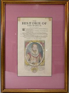 SIR WALTER RALEGH (ENGLISH, 1554 - 1618) HISTORY OF THE WORLD TITLE PAGE, FIRST EDITION, HAND COLORED