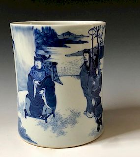 A FINE CHINESE ANTIQUE BLUE AND WHITE BRUSHPOT,19C