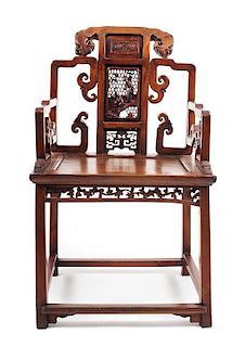 A Chinese Carved Hardwood Armchair, Height 38 1/2 inches.